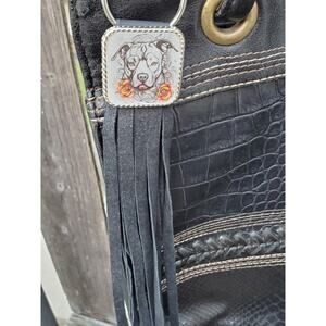 Handmade boho Pitbull lover Leather Fringe Western bag charm Long keychain